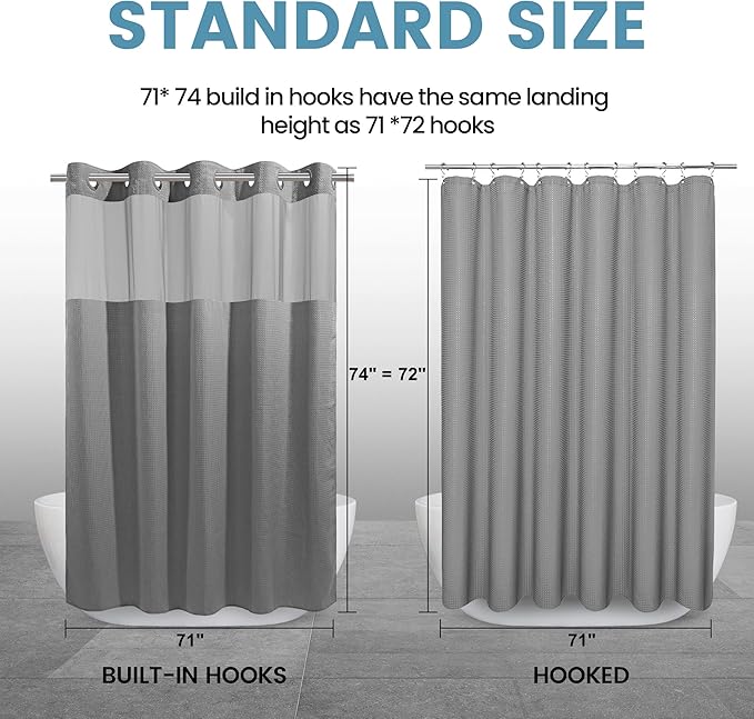Grey Shower Curtain and Liner Set - 230GSM Waffle Weave Textured Heavy Duty,Hotel Luxury Weighted Bath Curtain,71W x 74H