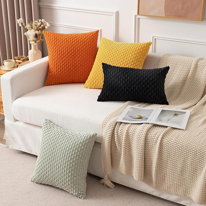 Kevin Textile Decorative Pillow Covers Soft Striped Velvet Throw Pillow Covers Set of 2 Cushion Cover for Chair 18 x 18 Inch Yellow