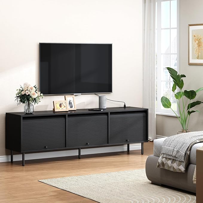 68 Inch TV Stand for TVs up to 75 Inch, Entertainment Center with Power Outlet, Mid-Century Modern TV Console with Storage, Adjustable Shelf & Sliding Doors, TV Stand for Living Room, Black