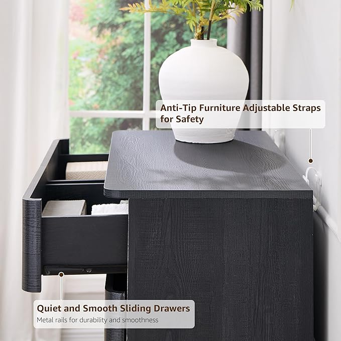 6 Drawer Dresser for Bedroom, 42 Inch Tall Modern Chest of Drawers, Push-to-Open Wood Storgae Organizer with Large Drawers for Bedroom, Living Room, Hallway, Black