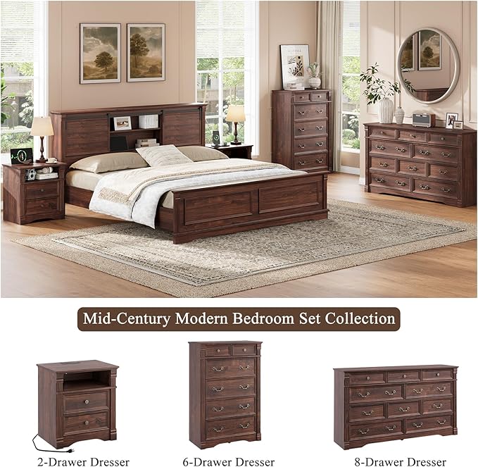 Walnut Nightstand Set of 2 with Charging Station, Farmhouse End Table with 2 Drawers and Open Shelf, Wooden Bedside Table with Metal Handles, Vintage Design, Organizer for Bedroom, Hallway