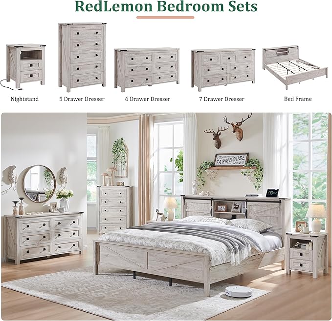 RedLemon Farmhouse 5 Drawer Dresser, 48" Tall Rustic Chest of Drawers, Wood Dresser for Bedroom, Living Room, Hallway, Antique Brush White