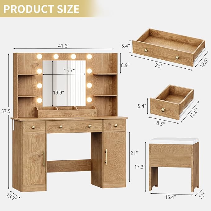 Vanity Desk with Mirror and Lights, 43'' Oak Makeup Dressing Table Set with 5 Drawers & Chair, Power Outlet, 3 Lighting Modes Adjustable Brightness & RGB LED for Women Girls Bedroom Bathroom