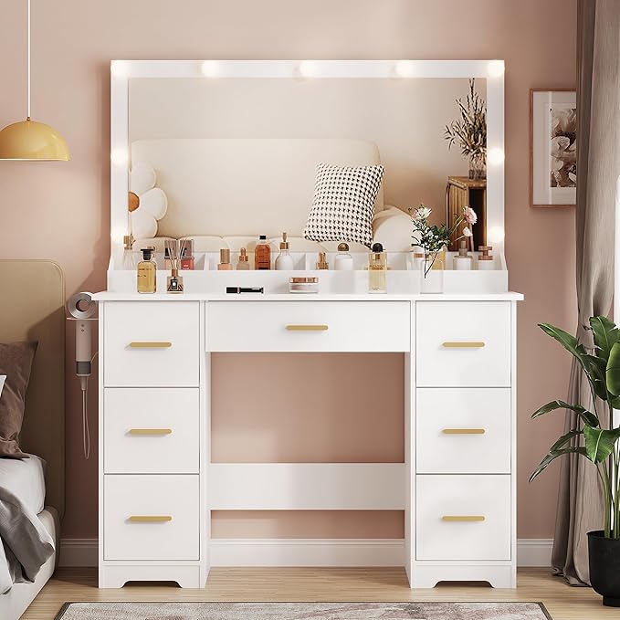 Vanity Desk with 38" Large Mirror and 9 LED Lights, Adults Makeup Vanity with 7 Storage Drawers and Glass Top & Power Outlet and RGB Ambient Lights, Dressing Table for Bedroom, Modern White