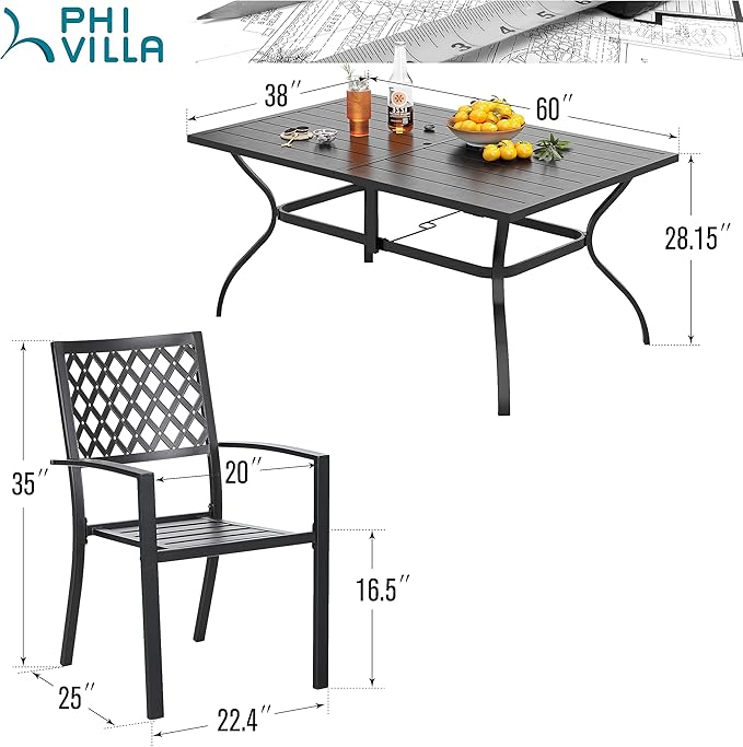 PHI VILLA 7-Piece Metal Patio Outdoor Table and Chairs Outdoor Dining Set - 60" Patio Table with Umbrella Hole and 6 Backyard Garden Chairs, Black