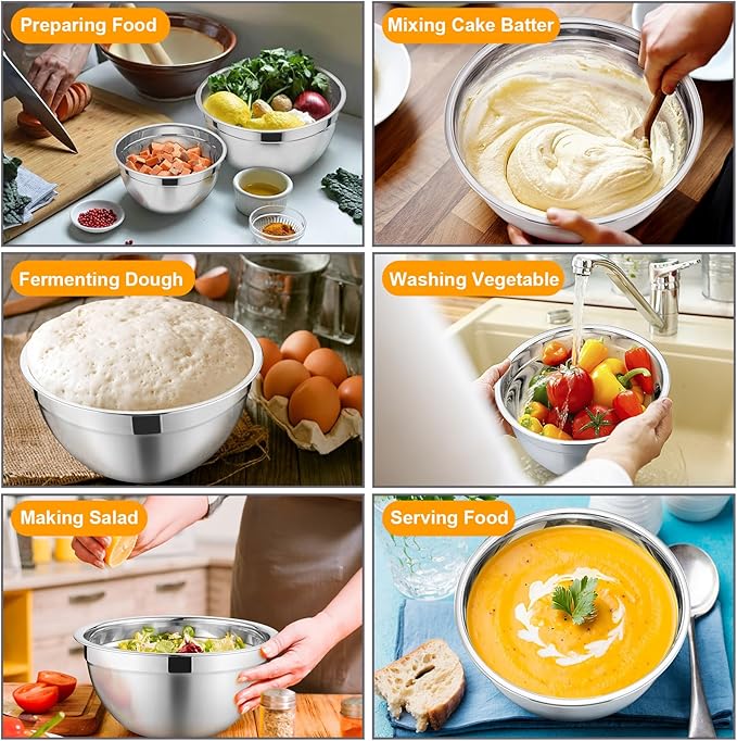 P&P CHEF Mixing Bowls with Lids Set of 6, Stainless Steel Nesting Salad Bowl & 3 Grater Attachments for Prepping Storing, 4.6/2.6/2/1.5/1/0.7 QT, Multicolor