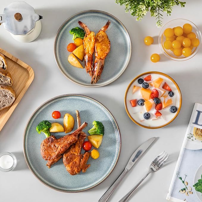 vancasso ONION Ceramic Plates and Bowls Sets, 12 Pieces Light Blue Dinnerware Sets for Kitchen, Reactive Glaze Dishes Set for 4, Dishwasher and Microwave Safe