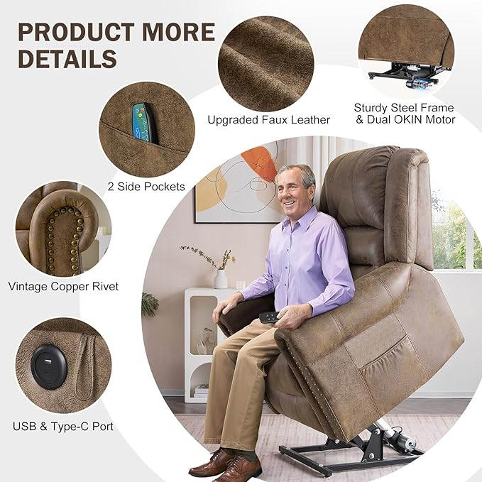 CDCASA Dual Motor Lay Flat Lift Chairs Recliners for Elderly w/Massage and Heat, Breathable Leather Infinite Position Large Sleeping Electric Power Lift Chair Recliner, Set of 2, Matte Brown