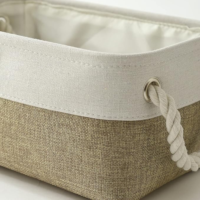 TheWarmHome Storage Basket for Shelves - 12x8x5.2 inch Small 6 Pack Collapsible Storage Bin for Closet with Handles, Fabric Storage Cubes for Cloth Organizer Gift Toy Decorative (White & Khaki)