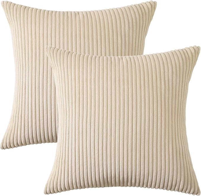 Mecatny Corduroy Decorative Throw Pillow Covers 22x22 Set of 2 for Sofa Living Room, Soft Neutral Boho Couch Pillow Covers for Home Decor, Beige