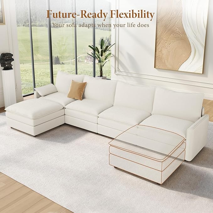 Vesgantti 142" Cloud Couch Sectional Modular Sofa, Comfy Sectional Couch with Ottoman Deep Seat Chenille L Shaped Sofa, Modular Couches for Living Room, Bedroom and Apartment, Snow White