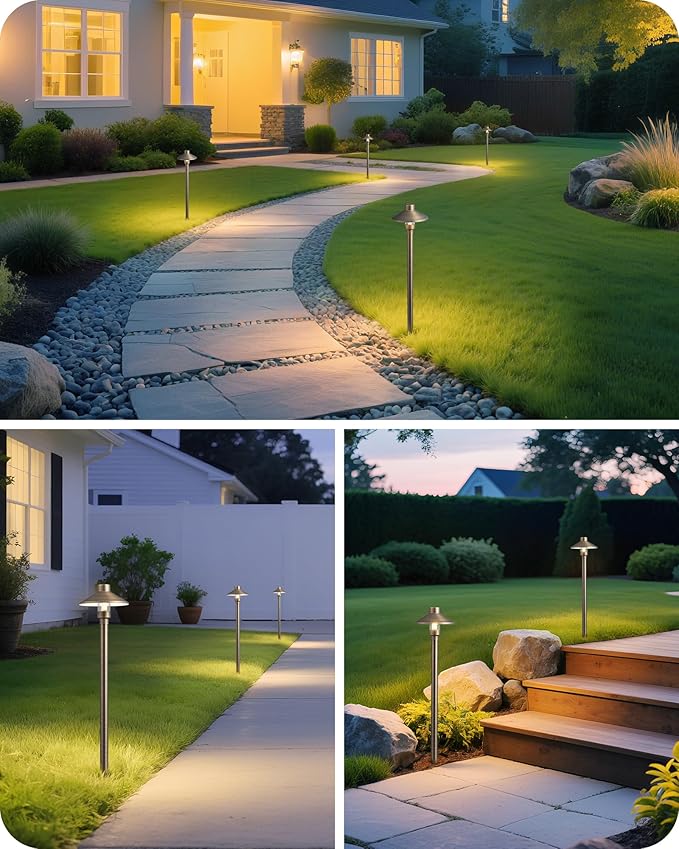 EDISHINE Solid Brass Low Voltage Landscape Lighting, 22" Tall 6" Shade w/ G4 Bulb, 6Pack 12V 350LM Heavy Duty Outdoor Landscape Path Light, Waterproof Bronze LED Pathway Lights Wired with Large Stake