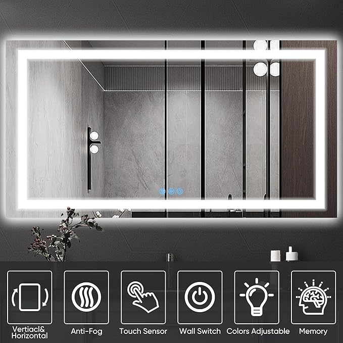 Antok 30"x 55" LED Bathroom Mirror with Lights, Anti-Fog, Dimmable, Lighted Vanity Mirror with Tempered Glass, Memory Function, 3 Light Modes, Safe Use, Horizontal, Vertical