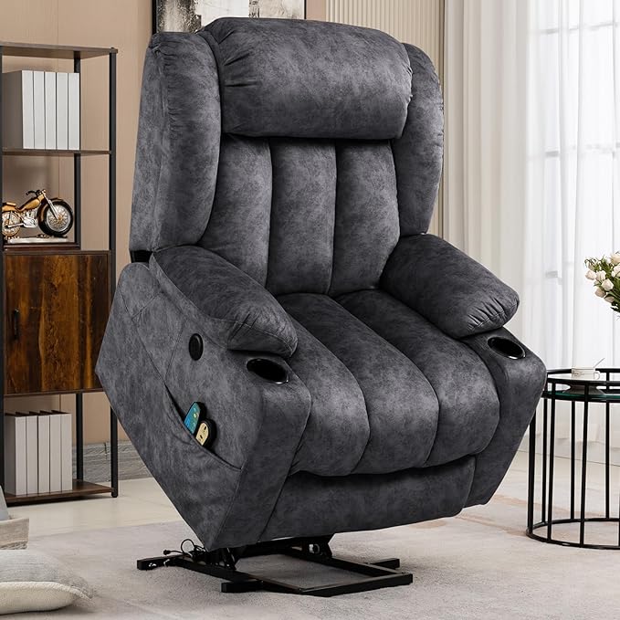 VIVIJASON Tall Man Large Power Lift Recliner Chair with Massage and Heat for Elderly, Overstuffed Wide Electric Lift Recliner w/Extended Footrest, 2 Cup Holder, Side Pockets & USB Ports, Fabric Grey