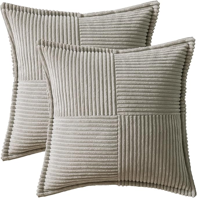 MIULEE Light Grey Corduroy Decorative Euro Sham Pillow Covers 24x24 Inch with Splicing Set of 2 Soft Boho Pillow Covers Broadside Textured Pillowcases for Couch Bed Livingroom