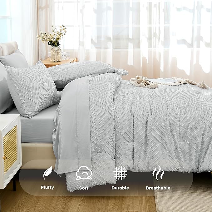 Andency Light Grey Full Size Comforter Set with Sheets - 7 Pieces Bed in a Bag Boho Tufted Bedding Sets Fluffy Lightweight Gray Full Bed Set with Comforter, Sheets, Pillowcases & Shams for All Season