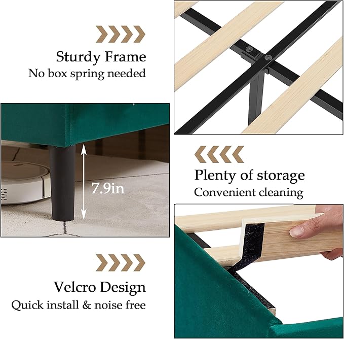 VECELO Queen Bed Frame Platform Bed with Upholstered Headboard, Strong Frame and Heavy-Duty Slats Support, Non-Slip and Noise-Free, Easy Assembly,Dark Green