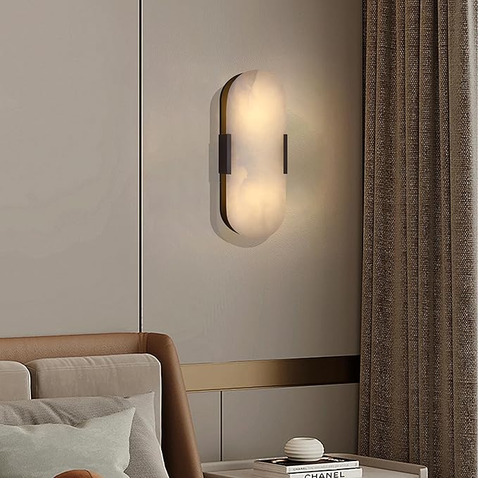 2 Pack 2 Light Natural Oval Alabaster Marble Bathroom 15 Inch Wall Sconce Modern Concise Style Wall Light Fixtures,Oil Rubbed Bronze Finish for Bedroom Hallway Bedside Living Room