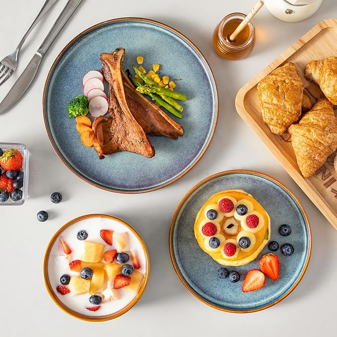 vancasso ONION Ceramic Plates and Bowls Sets, 12 Pieces Blue Dinnerware Sets for Kitchen, Reactive Glaze Dishes Set for 4, Dishwasher and Microwave Safe