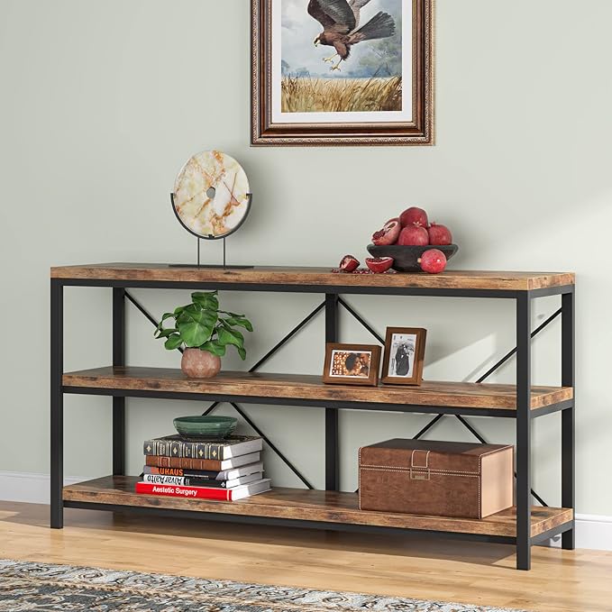Tribesigns 55 Inches Long Sofa Table with Storage Shelves, 3 Tiers Industrial Rustic Console Table with Open Shelves, Three Decorative Shelf, Open TV Shelf for Living Room, Hallway, Book