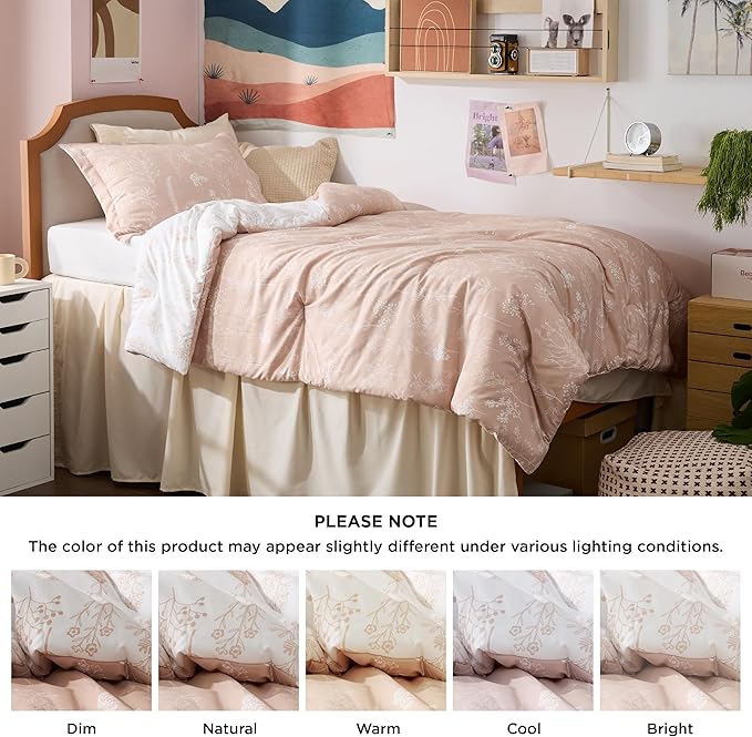 Bedsure Twin/Twin XL Comforter Set - Dusty Rose Bed Set, 2 Pieces Cute Floral Bedding, 1 Soft Reversible Botanical Flowers Comforter and 1 Pillow Sham
