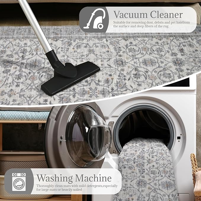 2'x6' Washable Runner Rug Utral Soft Lightweight Vintage Boho Distressed Non-Slip Backing,Low Pile Stain Resistant Farmhouse Rug for High-Traffic Hallway, Kitchen & Laundry