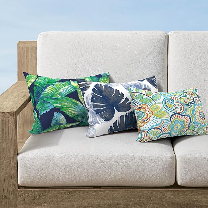 Pack of 2 Outdoor Lumbar Pillow Covers, All Weather Cushion Pillow Cases 12x20 Inch, Pillowcase for Patio Couch Decoration, Flower Blue