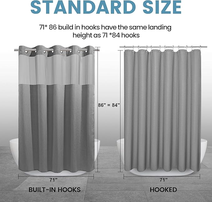 Grey Long Shower Curtain and Liner Set - 230GSM Waffle Weave Textured Heavy Duty,Hotel Luxury Weighted Bath Curtain,71W x 86H