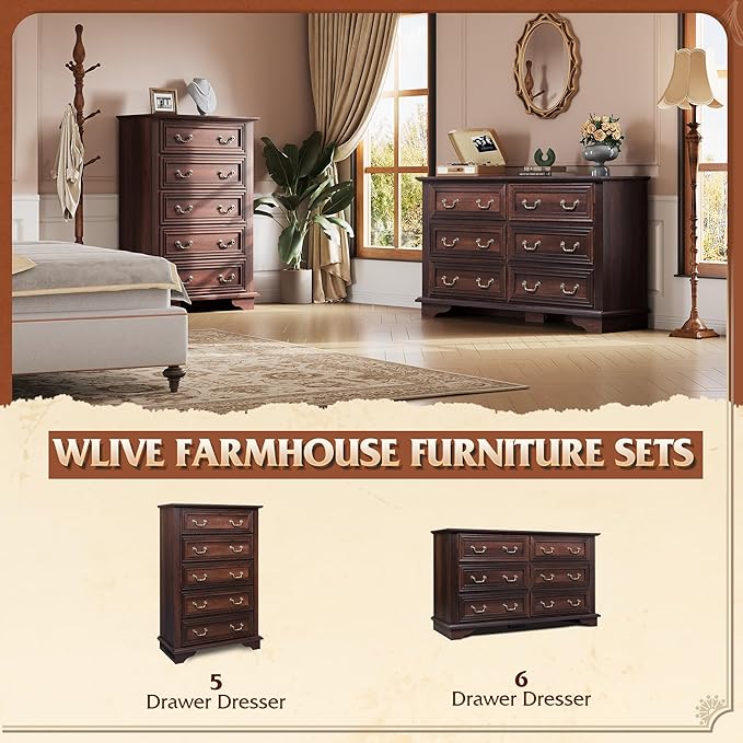 WLIVE Wood Dresser for Bedroom with 6 Drawer, 51.97'' Wide, Farmhouse Long Storage Dresser Organizer with Roman Metal Handle, TV Stand for 60 inch TV, Chest of Drawers for Living Room, Hallway, Brown