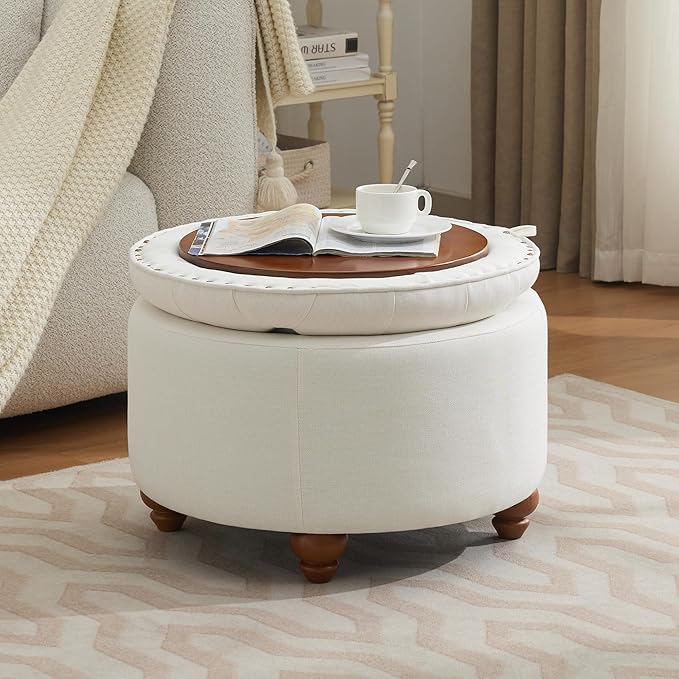 24Inch Round Storage Ottoman with Tray, Modern Tufted Fabric Circle Coffee Table with Storage, Upholstered Ottoman with Removable Top for Living Room, Bedroom, Beige