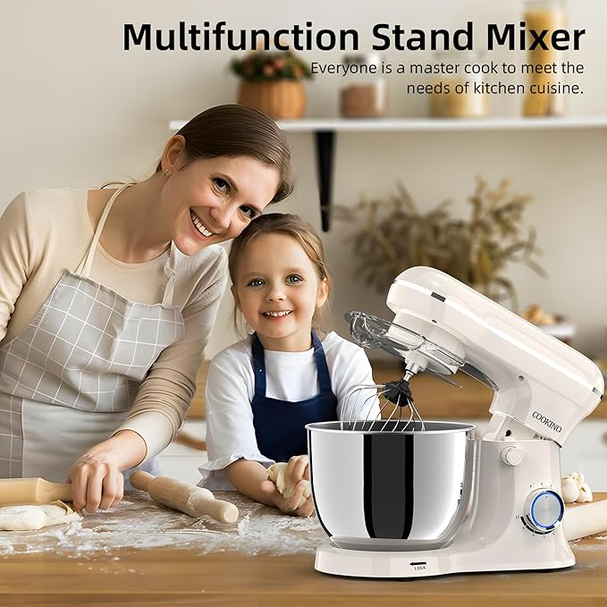 Electric Stand Mixer,10 Speeds Tilt-Head Food Mixer, 3-IN-1 Kitchen Mixer for Daily Cooks with Dishwasher-Safe 6QT Bowl,Dough Hook, Beater, Whisk (Almond Cream)