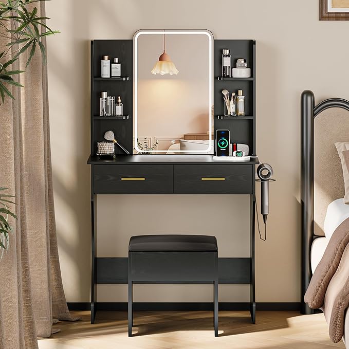 Makeup Vanity Desk with Mirror and Lights, Black Vanity with Power Outlet and LED Lights, Vanity Table with 2 Drawers and 6 Storage Shelves, Vanity Set with Chair for Bedroom