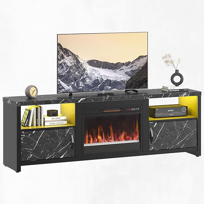 Bestier 70" Electric Fireplace TV Stand for TVs Up to 75", Modern Entertainment Center with Storage Cabinets, LED Lights, Open Shelves and Cable Holes for Living Room, Black Marble
