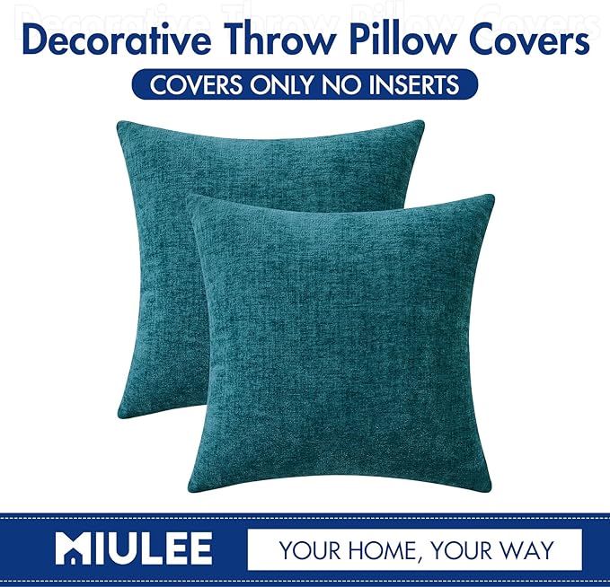 MIULEE Pack of 2 Dark Teal Throw Pillow Covers 20x20 Inch Soft Chenille Pillow Covers for Sofa Living Room Couch Solid Dyed Cases