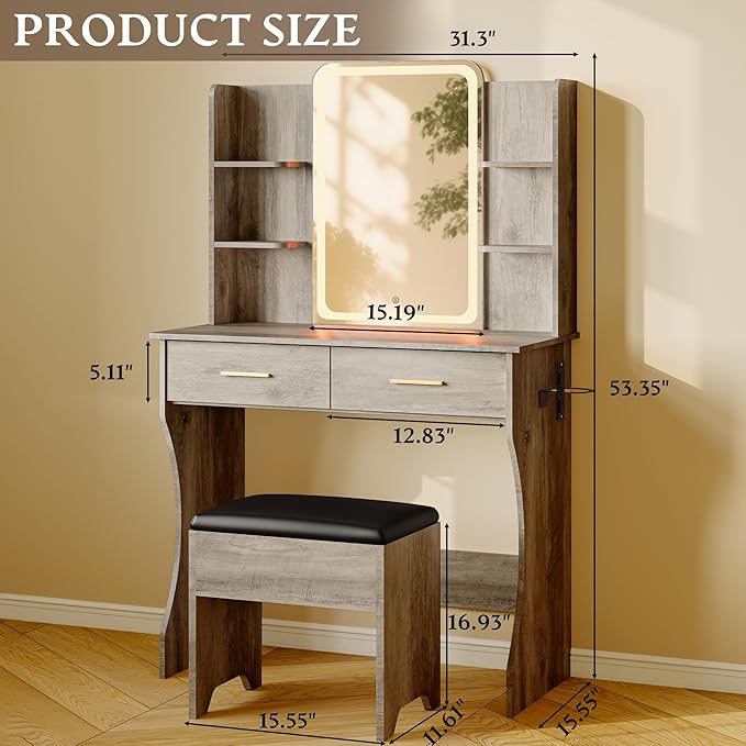 Gray Makeup Vanity Desk with Mirror and Lights, Wood Vanity Table Set with Power Outlet, Dressing Table with 2 Drawer & 4 Storage Shelves, Adjustable RGB Lighting, Includes Chair for Girl’s Bedroom