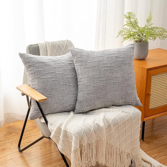 Decorative Throw Pillow Covers 18x18 Inch Set of 2, Soft Solid Farmhouse Chenille Couch Pillows, Spring Pillow Covers for Couch Sofa Bed Living Room Home Decor Pillowcase, Light Gray
