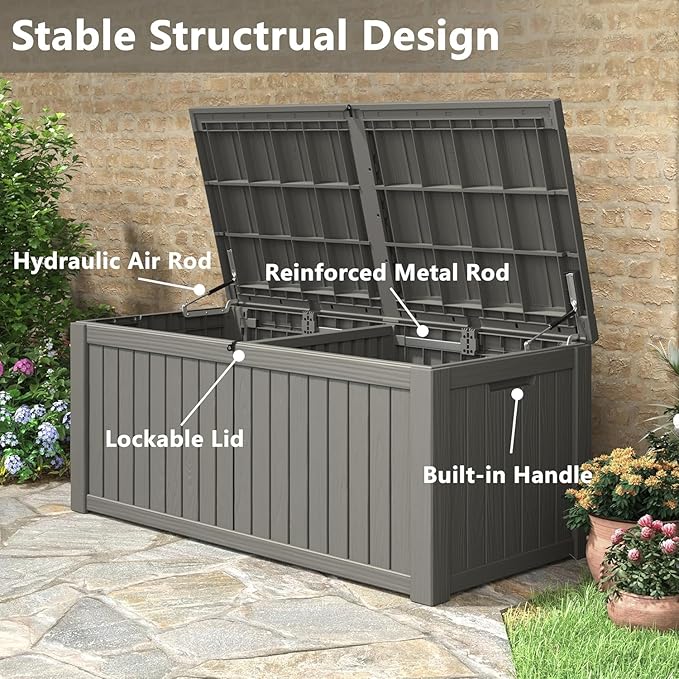 NUNU LAB 150 Gallon Outdoor Storage Box,Resin Large Sturdy Deck Box, Backyard Outside Storage Box Waterproof with Double Wall Panels,Package Delivery,Garden Outdoor Hose Bin
