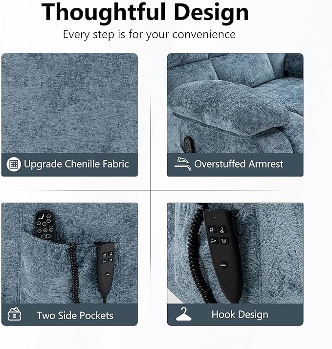 Lay Flat Recliner with Vibration Massage and Lumbar Heating, 26'' Wide Chair with Infinite Position and 2 Remote Controls, Soft Chenille Lift for Living Room, Grayish Blue