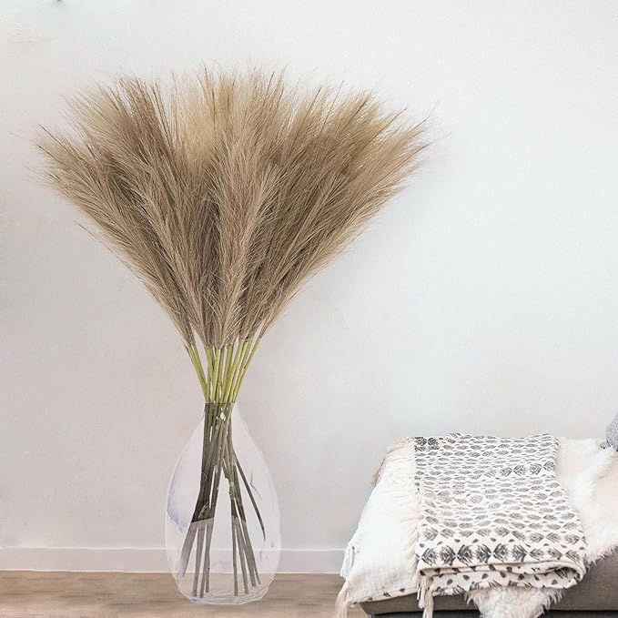 38" 10 Stems Faux Pampas Grass Decor - Tall Pampas Grass for Floor Vase Fluffy Artificial Pampas Grass for Boho Home Wedding Mothers Day Decoration(Brown)