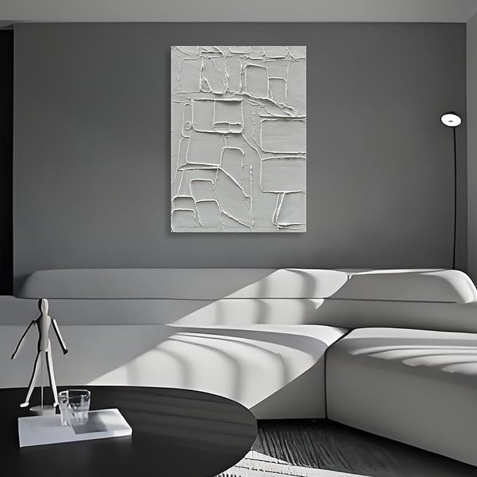 Art Hand-Painted Thick Texture White Minimalist Oil Painting Home Wall Decorative Art 40x28 inch