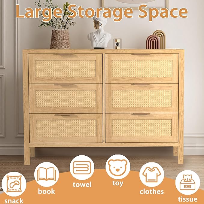 Wood 6 Dresser for Bedroom, Wide Rattan Drawer with Gold Handle for Bed Room, Hallway, Rustic Oak