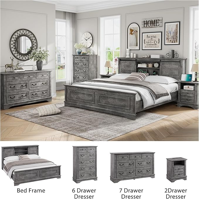 Farmhouse 6 Drawers Dresser, Wood Dressers for Bedroom, Tall 6 Chset of Drawers with Carved Wood Pilasters, Rustic Dressers Organizer for Bedroom, Hallway, Light Gray