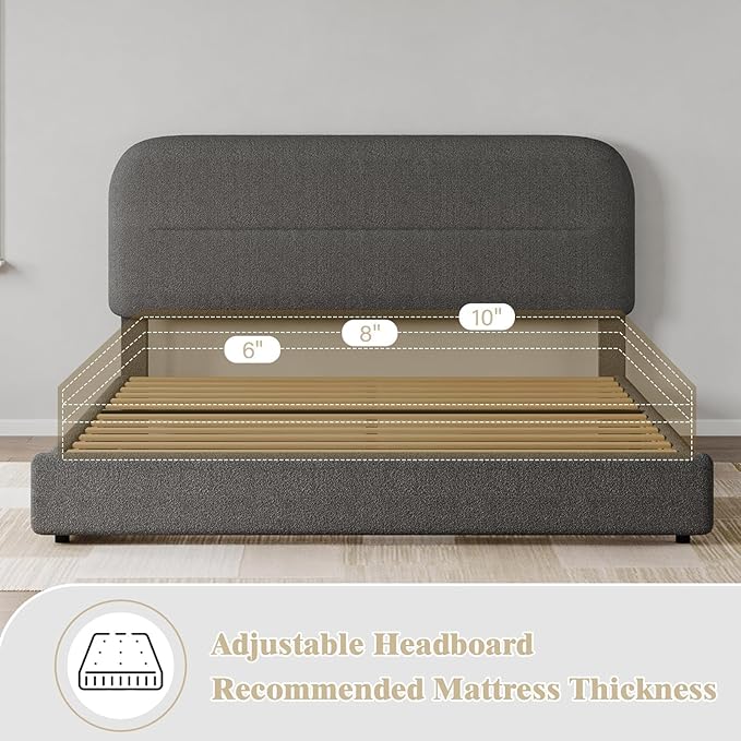 HOMBCK Queen Bed Frame Upholstered Boucle Bed Frame with Headboard/Thickened Footboard/Rounded Corners/No Box Spring Needed/Easy Assembly, Grey