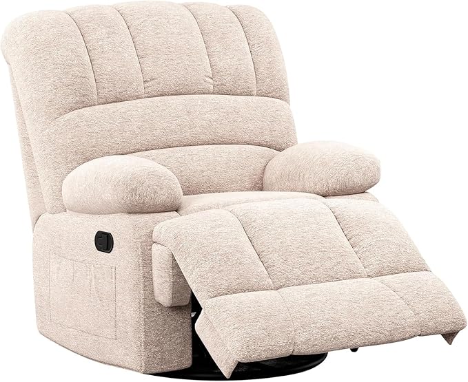 Oversized Rocker Recliner Chair, 360°Swivel Nursery Rocking Chairs with Adjustable Backrest Footrest, Oversized Recliner for Adults, Cashmere Reclining Sofa for Living Room, White
