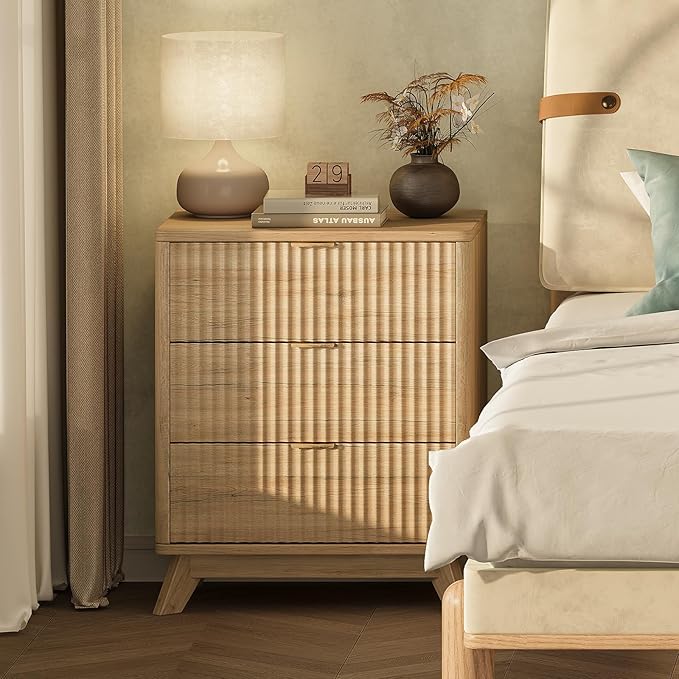 30" Tall Fluted NightStand,3 Drawers End Table with Charging Station,Modern Side Table with Storage, Night Stand Wood Bedside Tables for Bedroom,Curved Profile Design,Natural Oak