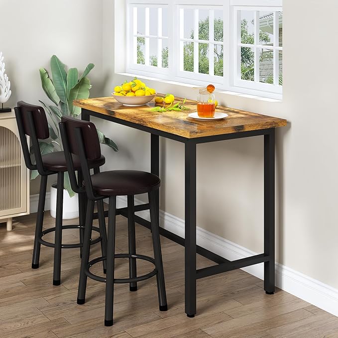 Recaceik 3 Piece Pub Dining Set, Modern bar Table and Stools for 2 Kitchen Counter Height Wood Top Bistro Easy Assemble for Breakfast Nook Living Room Small Space Restaurant, Rustic Brown 39”