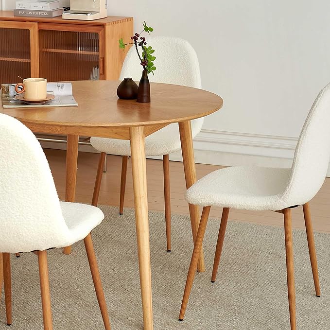 Small Oak Round Dining Table Set for 4, Modern 35'' Kitchen Coffee Table with 4 White Teddy Velvet Dining Chairs for Dining Room Apartment