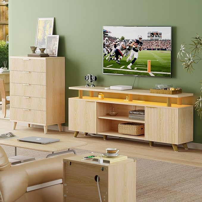 Lulive Modern TV Stand for 55/60/65/70 inch Television, Entertainment Center with Wooden Storage Cabinets and Power Outlet,Media Console for Living Room Bedroom (Natural Oak)