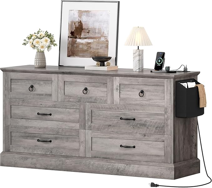 DWVO Farmhouse 7 Drawers Dresser, 59" Wide Wood Rustic Chest of Drawers with Nice Texture, Vintage Design, Storage Dressers Organizer for Living Room, Hallway, Grey