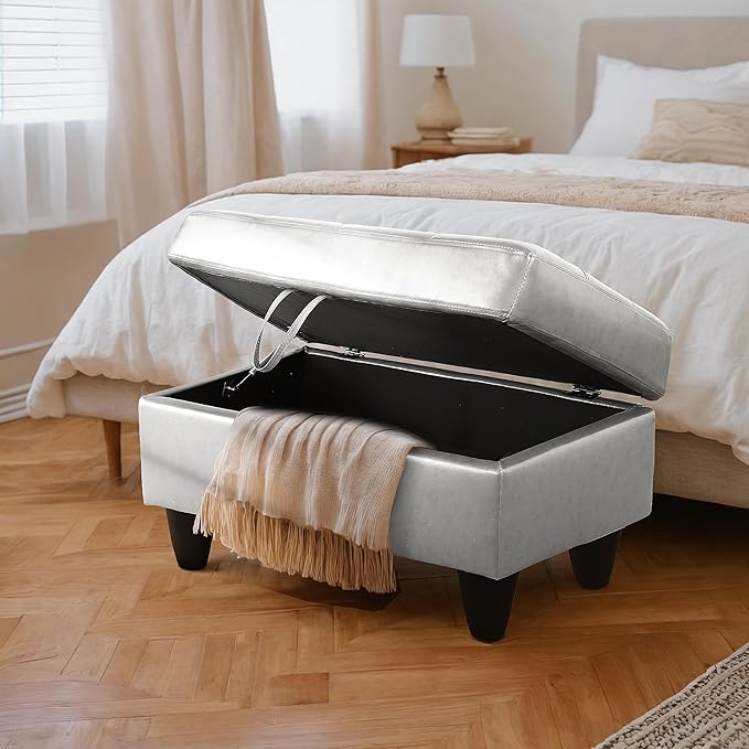 Ottoman Rectangular Storage Ottoman Bench, Faux Leather Footrest, Coffee Table, Stool Footstool with Hinged Lid for Living Room, Bedroom, Entryway, Silver, 35"x23.5"x17.5"